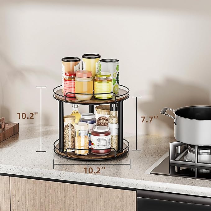 LAMU 10.2'' Wood Lazy Susan Turntable Organizer for Cabinet, 2 Tier Lazy Susan Spice Rack Organizer for Kitchen, Table Top, Countertop, Pantry, Medicine Organizer