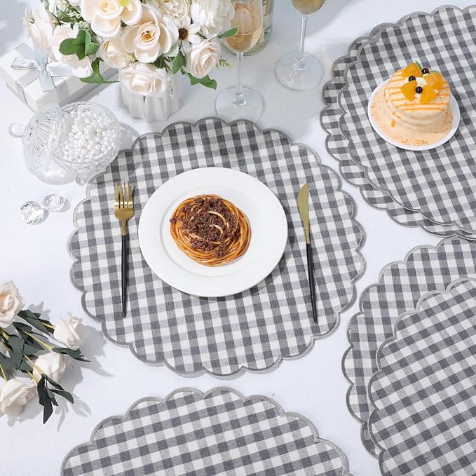 Set of 6 Round Placemats 15 Inch Cotton Scalloped Embroidery Placemat Washable Double Layered Rustic Dinner Table Mat Decor Fabric for Hotel Restaurant Kitchen(Grey,Plaid)