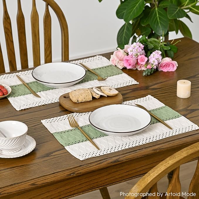 Artoid Mode Light Green Farmhouse Rustic Placemats Set of 4,12x18 Inch Seasonal Holiday Hollow Table Mats Party Kitchen Dining Decoration