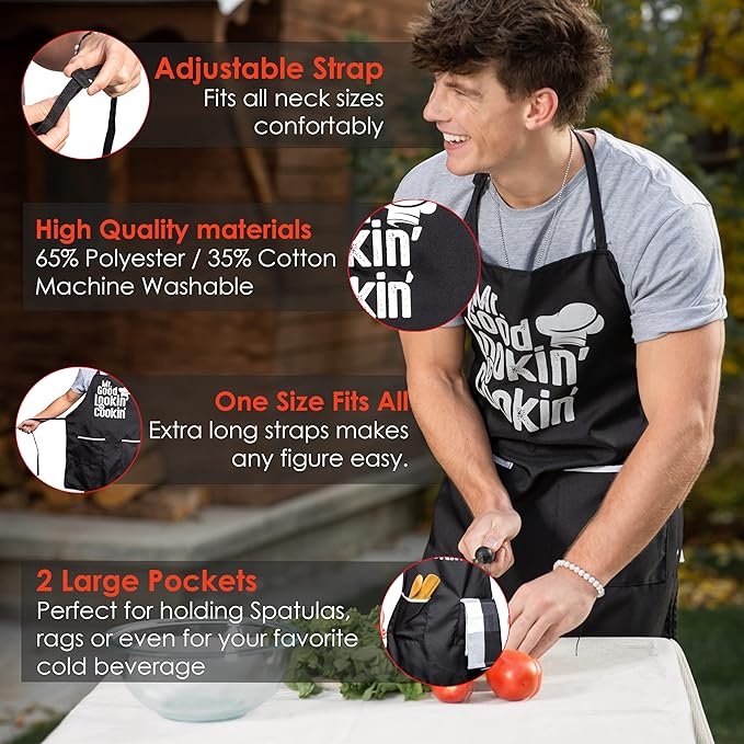 ALLER HOME&KITCHEN Funny Apron for Men, 2 Large Pockets One Size Fits All Chef Apron for Grilling, Cooking, BBQ Accessories