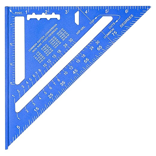 Beslands Carpenter Square 7 inch, Rafter Square Tool Metal Aluminum Alloy for Carpentry Layout Measuring Wood Square Triangle Right Angle 90 Degree Ruler Protractor Blue Imperial, Framing Square