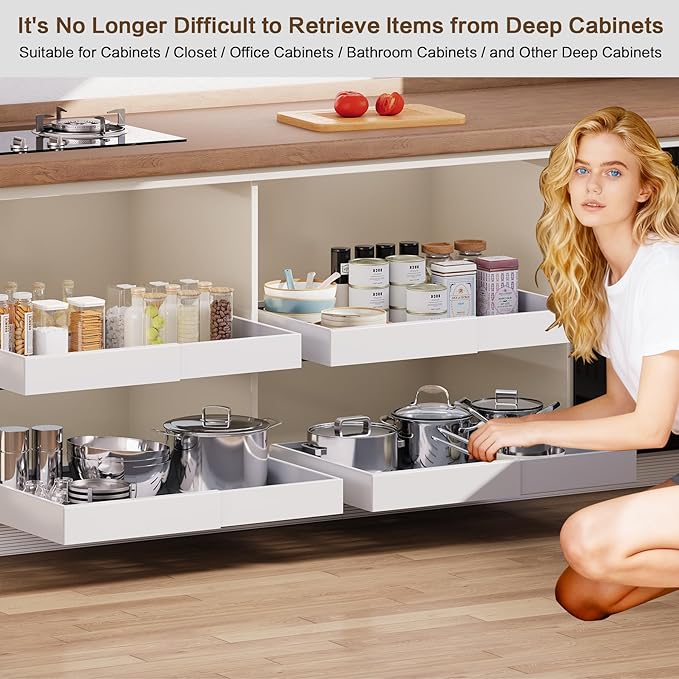 Pull out Cabinet Organizer,Extendable (12"-20") Heavy-Duty Pull-Out Drawers – Secured with Nano Adhesive Tape, Ideal for Cookware Storage, for Kitchen Base Cabinets (21" Dx12-20" W(1 Pack))