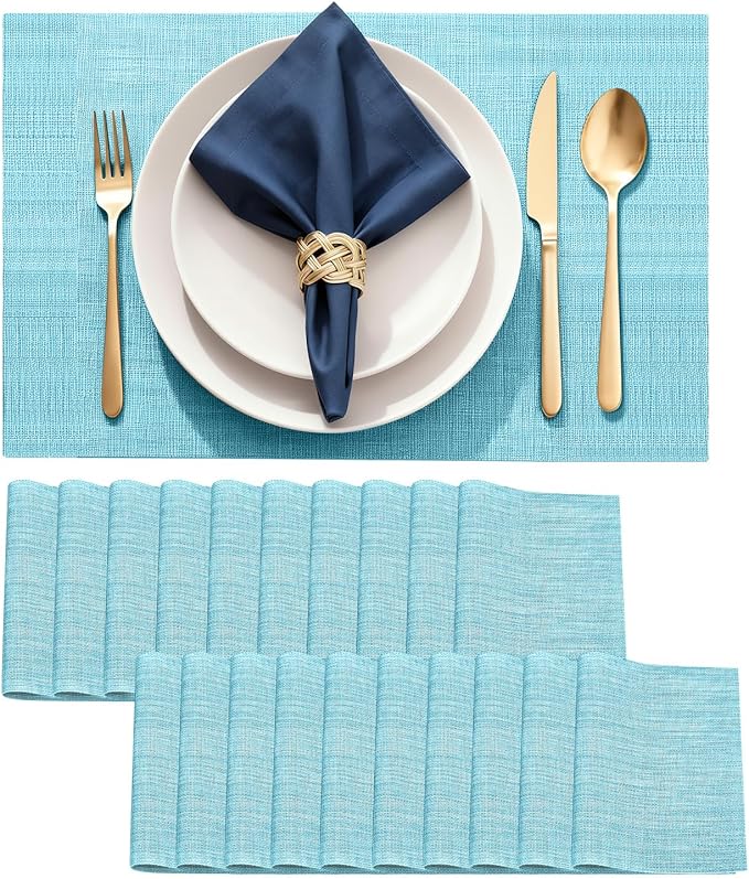Durable Vinyl Placemats Set of 20, Non-Slip for Dining Table Mat, Heat Resistant Place Mats, Washable Anti-Slip PVC Easy to Clean Wipeable Premium Plastic Mats for Kitchen Blue