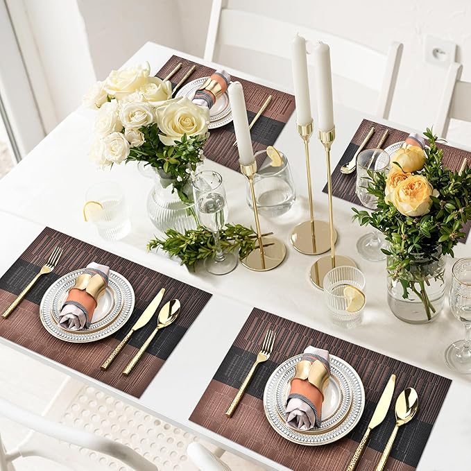 SLKQG Brown Placemats Set of 4 - Easy Clean Modern Durable Washable Vinyl Place Mats - Heat Resistant Placemats for Kitchen Table - PVC Table Mats for Dining Table (Brown Black, 4)