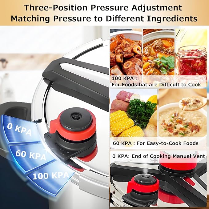 Pressure Cooker 10 QT,18/8 Stainless Steel Pressure Cooker,Olla De Presion,10/15 PSI Settings,One-Hand Locking,Compatibility Gas and Induction Cooktops, Glass Lid included