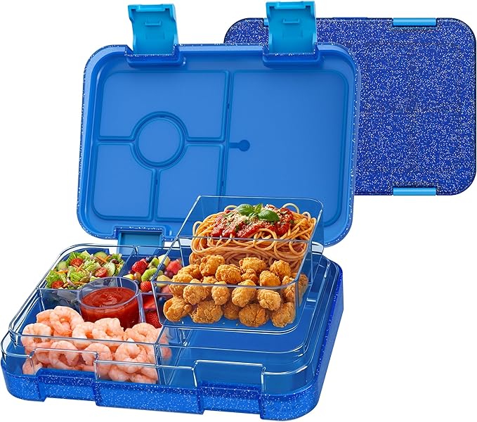 Bento Lunch Box for Kids, Plastic Lunch Box Case, 5/6 Tritan Compartments, BPA free, deal Portion Sizes for On-the-Go Meal, Shiny Blue and Clear