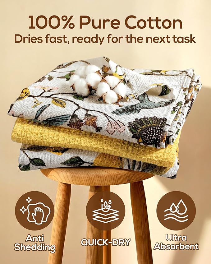 Miss Adola 3pcs Cotton Kitchen Towels - 270 GSM 15x25 Inch Terry Cloths Reusable Dish Cloths for Cleaning Absorbent Soft Hand Tea Towels with Hanging Loop for Housewarming Home Decor, Lemon Bird