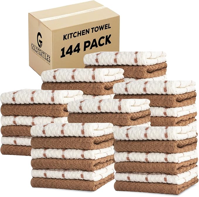 GOLD TEXTILES Kitchen Towels 144 Pack Premium 100% Cotton Dish Towels for Kitchen (15 x 25 Inches) Soft & Absorbent Kitchen Hand Towels for Drying Dishes, Cleaning - Reusable and Washable (Brown)