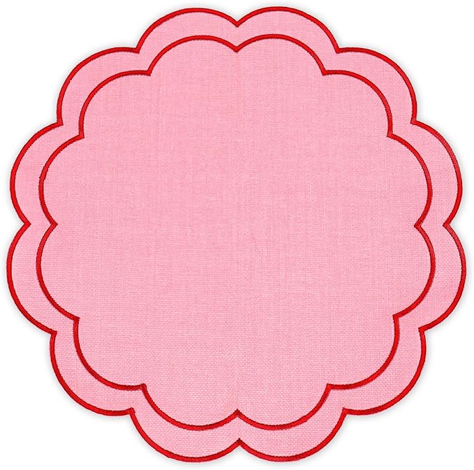 Whaline Pink Red Linen Placemats Embroidered Round Scalloped Kitchen Table Mats for Wedding Anniversary Valentine's Day Baby Shower Party Home Dining Table Decor, Set of 4, 15 x 15 in