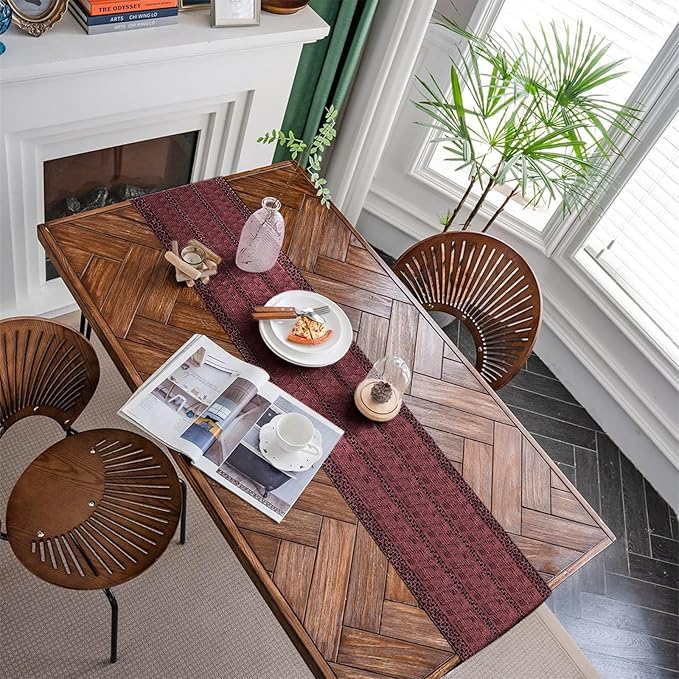 Alynsehom Macrame Table Runner Burgundy Boho Table Runners with Tassels Hand Woven Cotton Table Runner Rustic Farmhouse Table Runners for Bohemian Kitchen Dining Table(12x48in)