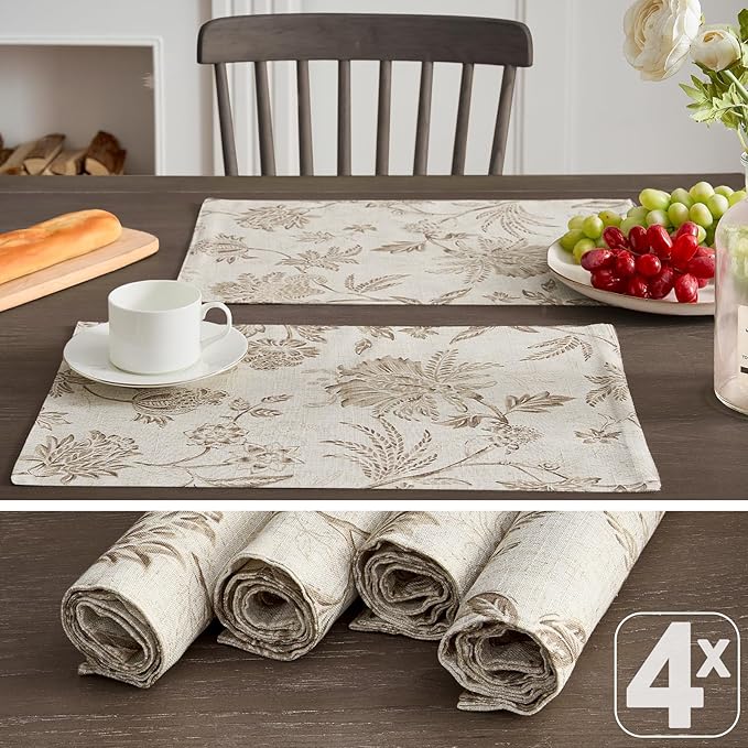 JINCHAN Linen Floral Fall Placemats Set of 4 Cloth Table Mats Rustic Cottagecore Jacobean Outdoor Seasonal for Kitchen Dining Table Decor Washable Tablemats 13x19 Inch Taupe