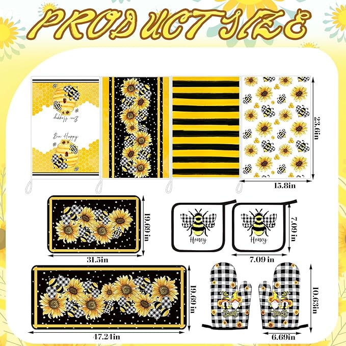 Fourluoo 10 Pcs Bee Kitchen Decor Sunflower Oven Mitts and Pot Holders Set Yellow Bee Dish Towels Rugs Mats Buffalo Plaid Kitchen Accessories for Chef Baking Cooking Grilling BBQ Women Home Gift
