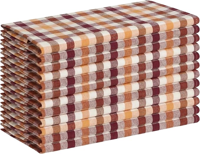 Gingham Checked Napkins 12 Pack, 18x18 Inches, Washable Linens for Everyday Dining, Reusable Table Cloth Napkins for Dinner, Birthdays, Celebrations - Burgundy, Brown, Mustard Yellow