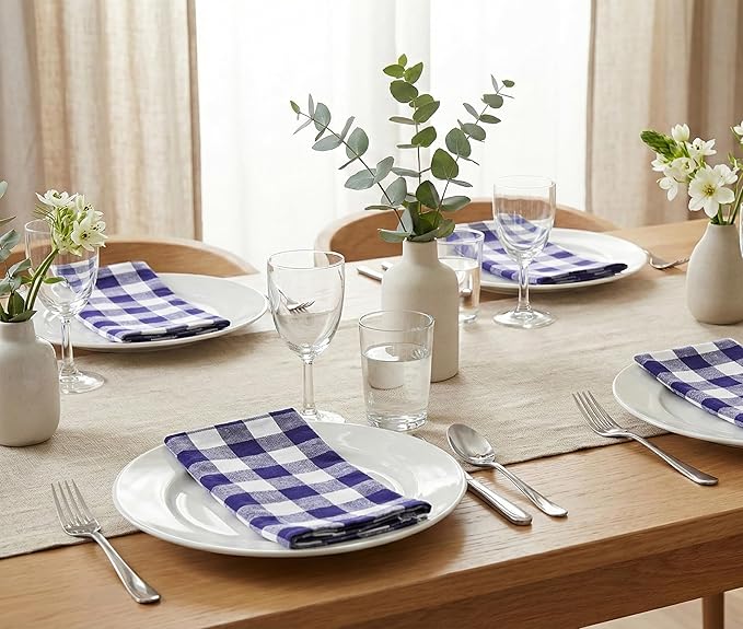 PurpleEssences Buffalo Plaid Cloth Napkins - Mitered Corners - Spring Easter Summer - Gingham Check Dinner Napkin - Set of 12-100% Cotton - 18x18 Inch - Reusable Washable - Blue and White