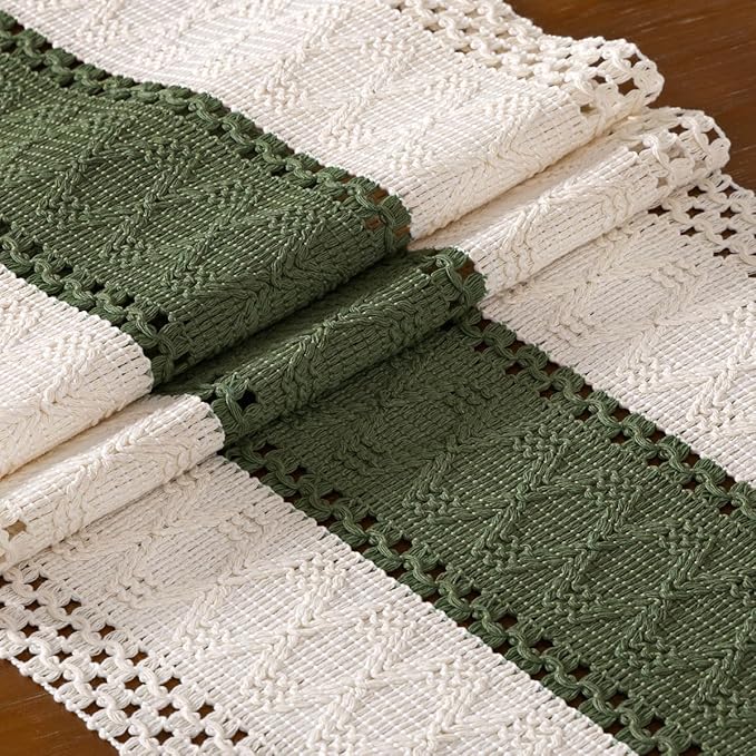 DeZerlor Boho Macrame Table Runner Spring Easter Farmhouse Woven Small Table Runner with Tassels 48 Inches Ivory& Olive Green Cotton Linen Kitchen Table Decor for Dining Dresser Home Tea Table Decor