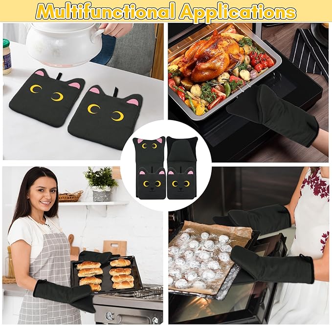 Oven Mitts, Cute Black Cat Silicone Oven Mitts and Pot Holders Sets, Funny Cooking Gloves with Potholders for Kitchen Heat Resistant, Soft Cotton Inner Lining Gloves for Baking,Microwave