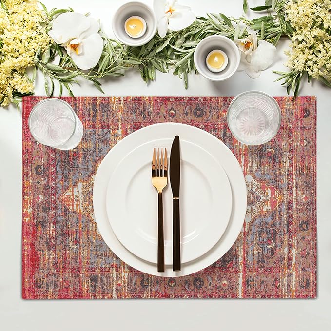 Rust Red Ethnic Boho Placemats Set of 4 Bohemian Carpet Vintage Linen Washable Kitchen Dining Southwestern Table Mats Stain Heat-Resistant Desktop Decor Place Mats for Home Party Indoor 12x18 in