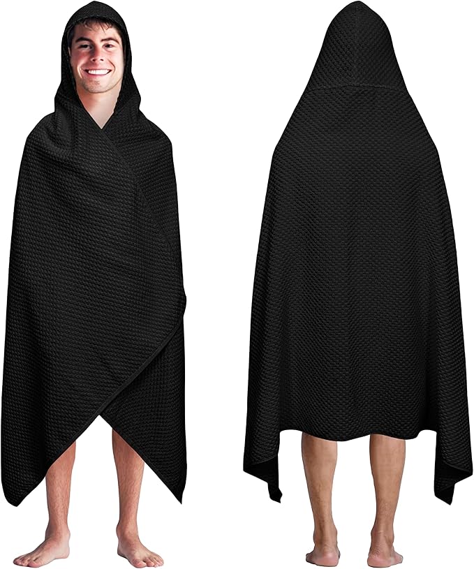 COTTON CRAFT Hooded Bath Towel – Oversized 35 x 70 Waffle Weave Towel with Hood for Adults - 100% Ringspun Cotton Pool Bath Sheet Wrap with Hood - Soft Super Absorbent Quick Dry – 450 GSM – Black