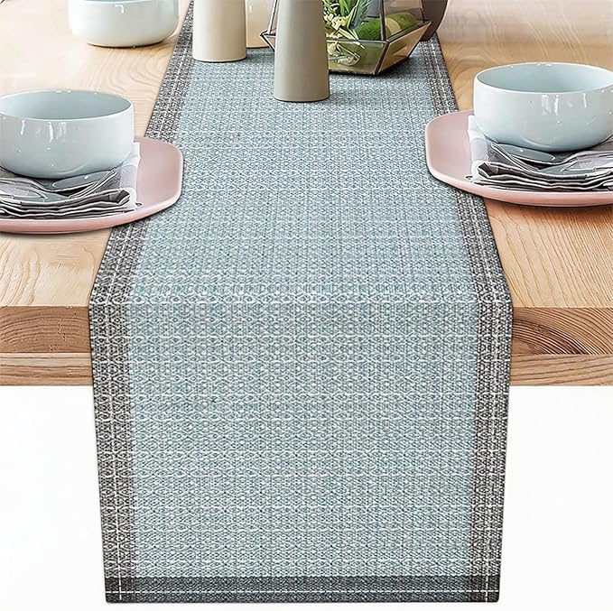 Niviy Blue Grey Ethnic Boho Table Runner, 12x72 Inch Linen Burlap Washable Durable Art Table Runners for Holiday Party Kitchen Dining Room Decoration