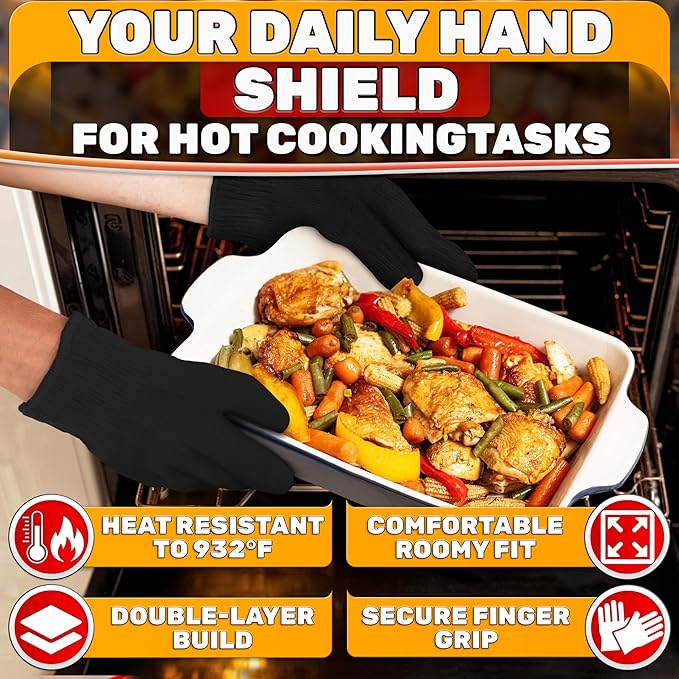 Heat Resistant Gloves – Aramid Oven Gloves with Fingers for Cooking & Grilling, Lightweight BBQ Gloves with Cotton Lining, Non-Slip, 9.45"x3.94" Kitchen Mitts for Baking & Frying, Great Gift for Chefs