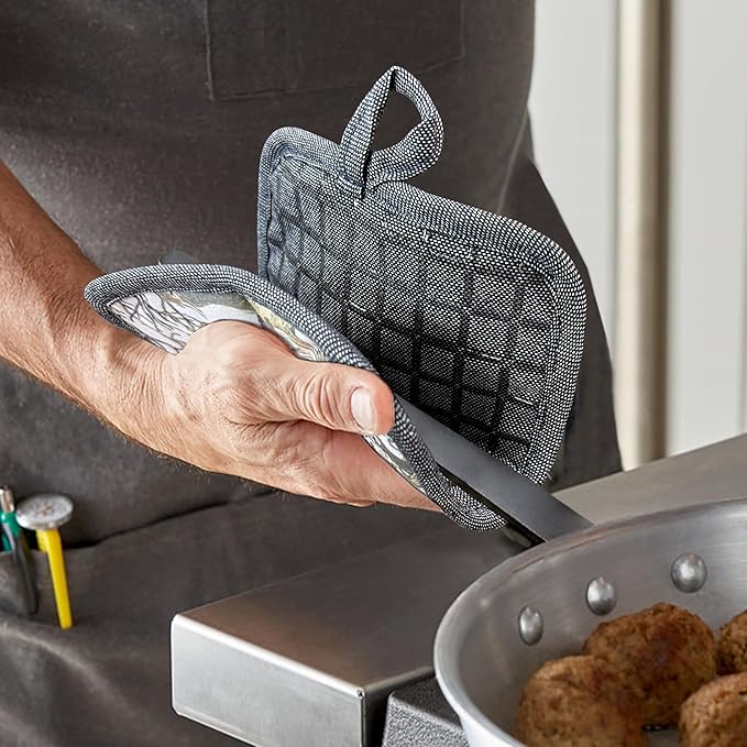 Pot Holders Set of 3 Silicone Printing Non Slip Heat Resistant, Yarm-Dyed Hot Pads Cotton Home Kitchen Cooking Barbecue Microwave Women Men Machine Washable BBQ Grilling. (Gray Potholders)
