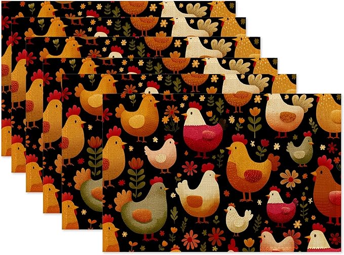 Cute Roosters Table Mats Set of 6,Chickens Non-Slip Washable Placemats for Restaurant Home Kitchen Dinner Table 12x18Inch