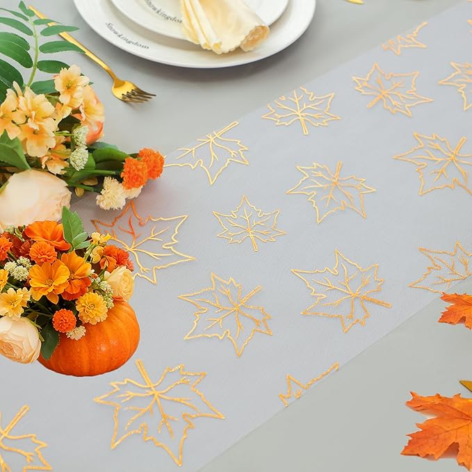 Snowkingdom 2 Pcs Gold Table Runner, Gold Maple Leaves Fall Thanksgiving Table Decorations for Autumn Harvest Sequin Glitter Lightweight White Thin Mesh Sparkle Farmhouse Dining Party Decor 120 Inch