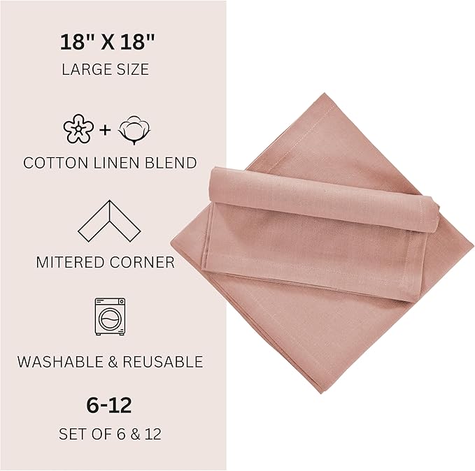 FINGERCRAFT Dinner Cloth Napkins, Cotton Linen Blend Mitered Corner Napkins Cloth 12 Pack Natural Premium Quality for Every Day Use, Parties, Easter, Thanksgiving, Weddings, 18x18 inch Shell Peach