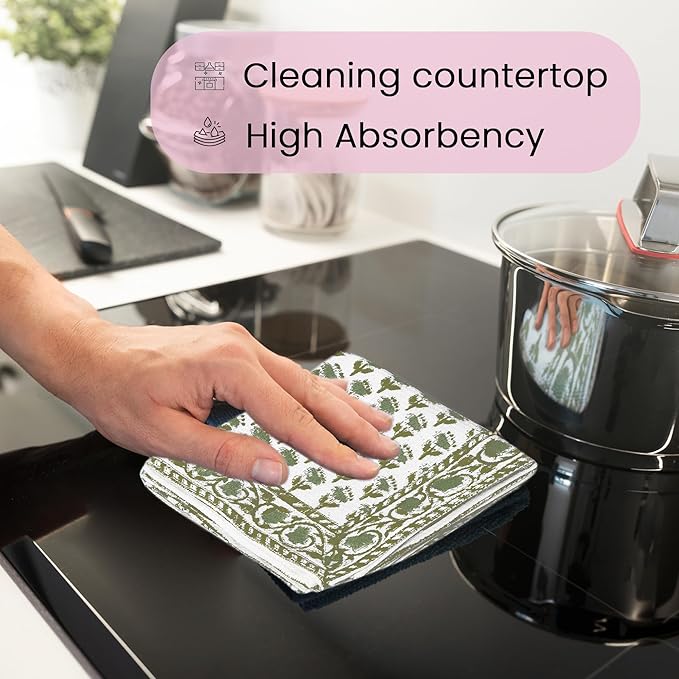 CPC Emerald Green Hand Block Print Waffle Kitchen Towel Set of 3-16 x28 Ultra Absorbent Quick Dry 100% Cotton Dish Towels Lightweight Reusable Sustainable Tea Towels for Cleaning and Drying