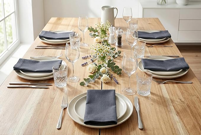 PurpleEssences Set of 12 Hemstitch Cloth Dinner Napkins 100% Cotton - Soft Durable Washable - Ideal for Wedding Spring Easter Summer - Perfect Everyday Use Table Linen 18x18 - Dark Gray