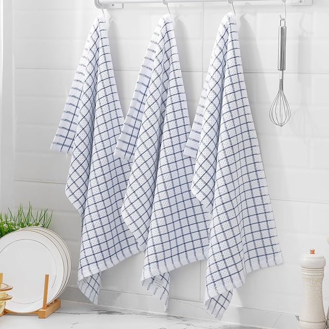 Homaxy 100% Cotton Kitchen Towels 4 Pack-15 X 25 Inches, Check Design Waffle Weave Hand Tea Towels, Super Soft and Absorbent Dish Towel for Drying Dishes, Navy Blue