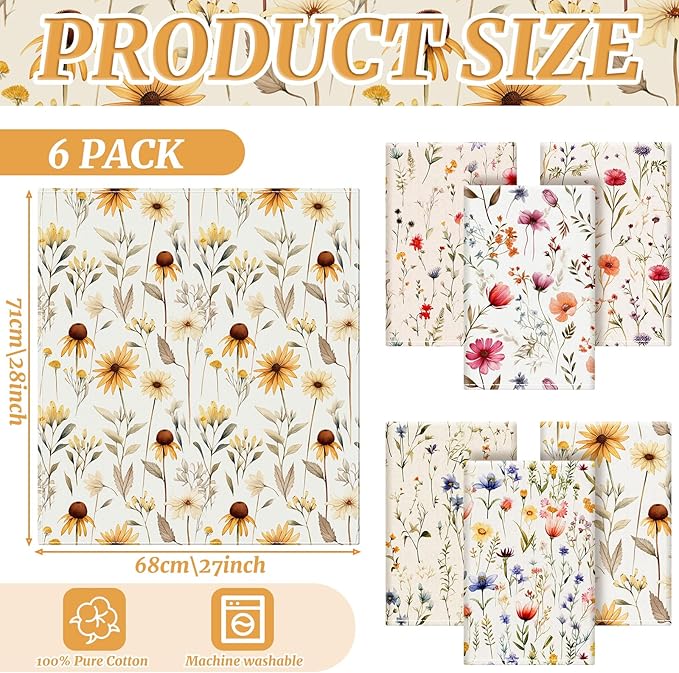 HunnmingRe Wildflower Floral Flour Sack Towels - Set of 6 Spring Flour Kitchen Towels Large 28 x 27 Inch Reusable Versatile Cotton Cloths Bathroom Decor Housewarming Gift, Vintage Flower(Vintage)