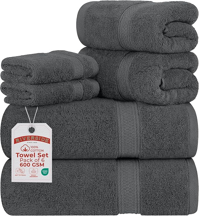 RIVERSIDE Luxury 6 Piece Towel Set, 2 Bath Towels, 2 Hand Towel, 2 Wash Cloths, 100% Cotton, 600 GSM Hotel Quality, Soft, Highly Absorbent Towels for Bathroom, Gray Towel Sets