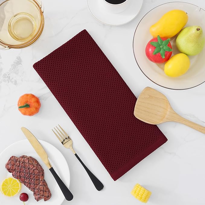 Homaxy 100% Cotton Waffle Weave Kitchen Dish Towels, Ultra Soft Absorbent Quick Drying Cleaning Towel, 13 x 28 Inches, 4-Pack, Burgundy