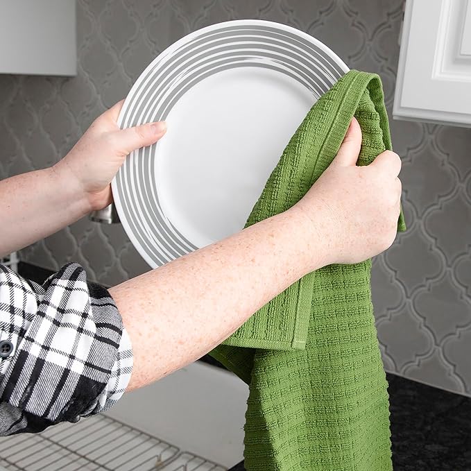 Ritz Royale Collection 100% Combed Terry Cotton, Highly Absorbent, Kitchen Towel Set, 13-3/4" x 12", 4-Pack, Solid & Checked, Cactus