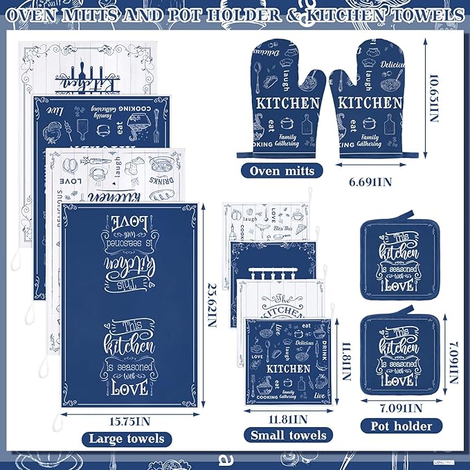 12 Pcs Farmhouse Kitchen Oven Mitts and Pot Holders Decor Sets 4 Blue Kitchen Hand Towels 4 Absorbent Dishcloths 2 Pot Holders 2 Oven Mitts Glove for Home Decorations Mom Baking Cooking Grilling Gift