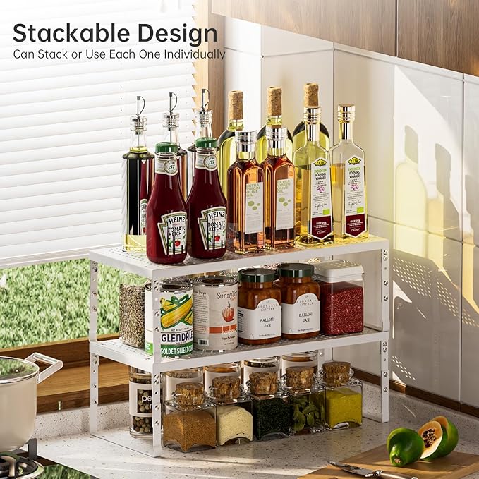 Expandable Adjustable Stackable Multi-Purpose Spice Racks,Metal Storage Rack, Practical Kitchen Pantry Shelves, Countertop for Kitchen, Bathroom, Storage Room & Other Places(1Pack/White,Medium)