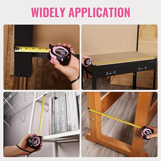 WORKPRO 25-FT Tape Measure with Fractions, 3 Brakes Retractable Measuring Tape, Compact Measurement Tape with Magnetic Hook, Nylon Coating Blade Accuracy 1/32”, Pink