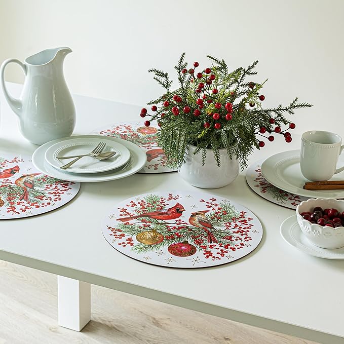 Benson Mills Cork Placemats Set of 4, Thick Cork Place Mats for Kitchen and Dining Tables, Easy Clean Table Mats for Christmas, Winter, and Holidays (13.75" Round Set of 4, Festive Cardinals)