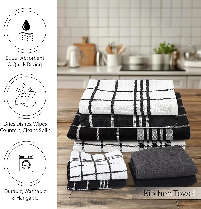 Encasa XO Kitchen and Dish Towels - Oven Mitts - Pot Holder Set of 12 Pc - Pure Cotton - Dishcloths Grey Combo