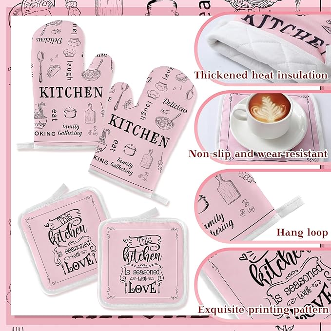 12 Pcs Farmhouse Pink Kitchen Decorations Sets 4 Pink and White Kitchen Towels 4 Absorbent Dishcloths 2 Pot Holders 2 Oven Mitts Gloves for Home Decorations Mom Gifts