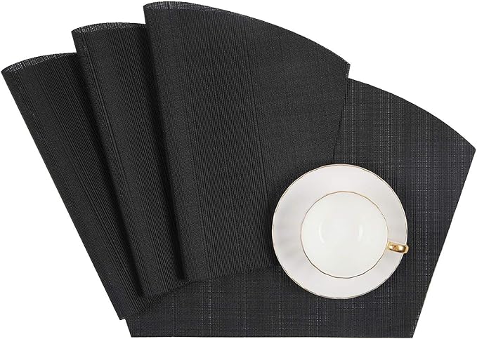 SHACOS Wedge Placemats Set of 8 Woven Vinyl Placemats for Round Table Curved Place Mats Wipe Clean Non Slip Reversible Table Mats Indoor Outdoor, Black