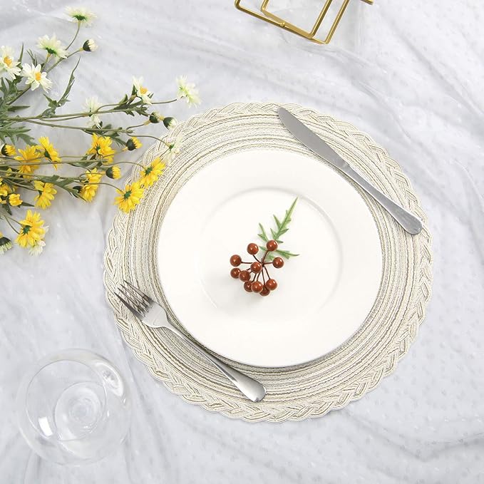 SHACOS Round Placemats Set of 6 Boho Braided Bordered Placemats 15 inch for Dining Tables Wedding Holiday Party (Ivory Bordered, 6)