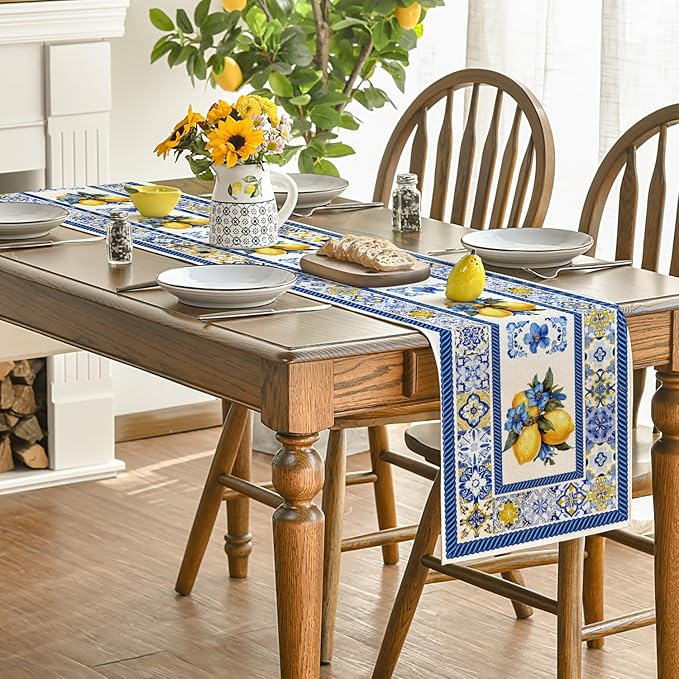 Artoid Mode Lemon Flowers Blue and White Porcelain 210 GSM Summer Table Runner, Seasonal Spring Kitchen Dining Table Decoration for Home Party Decor 13x48 Inch