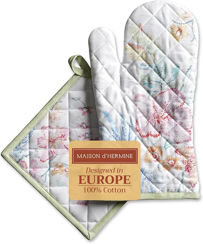 Maison d' Hermine 100% Cotton Oven Mitt & Pot Holder Set (7.5"x13" & 8"x8") Heat Resistant Cooking Gloves with Loop Baking Grilling Kitchen Gifts for Mothers Day Spring/Summer (Paradise Island)