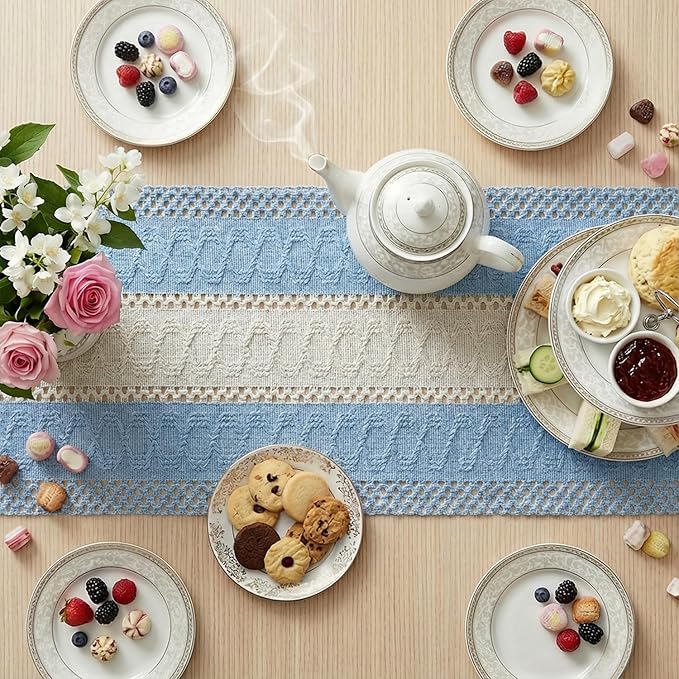 Artoid Mode Sky Blue Farmhouse Rustic Table Runner, Seasonal Hollow Kitchen Dining Table Decoration for Home Party Decor 12x48 Inch