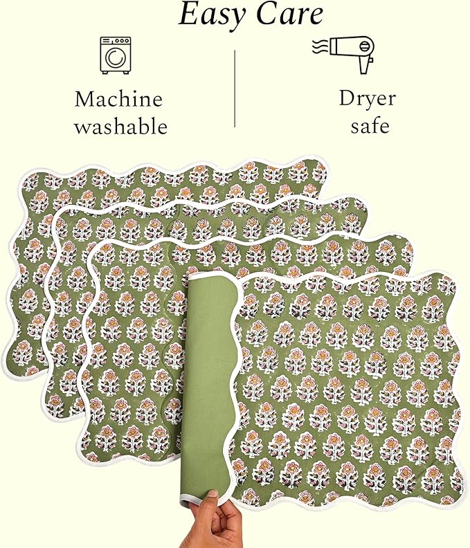 CPC Cotton Placemats Jade Green Set of 4-Hand Block Printed Reversible Placemats, Machine Washable, Flower Scalloped & Embroidered Cloth Table Mats - 14 x 20 inch