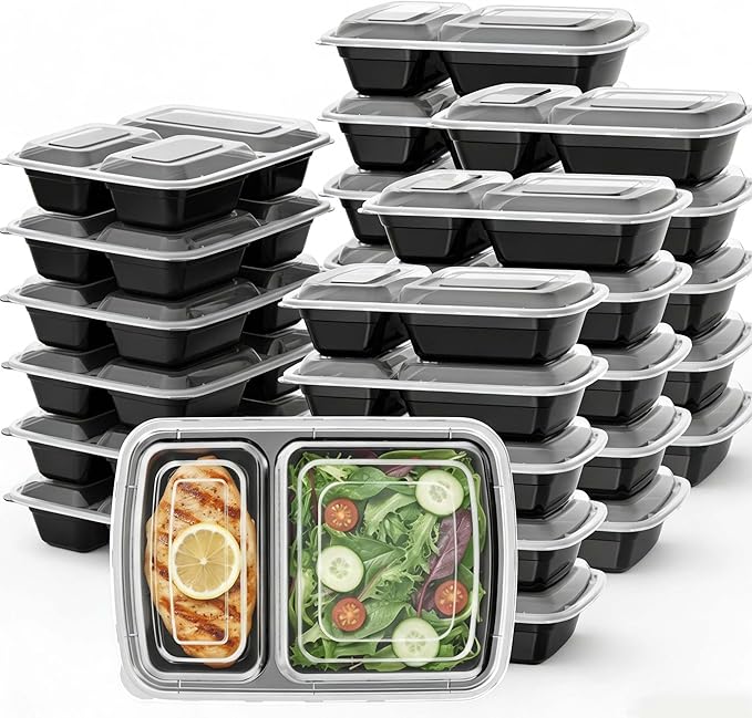 Meal Prep Containers with Lids, Reusable 2-Compartment Food Storage, Sturdy Leakproof, Food Safe, Microwave Freezer Dishwasher Safe, To-Go Takeout Plastic Containers, 50 Pack (100-Piece) – 60828 60828