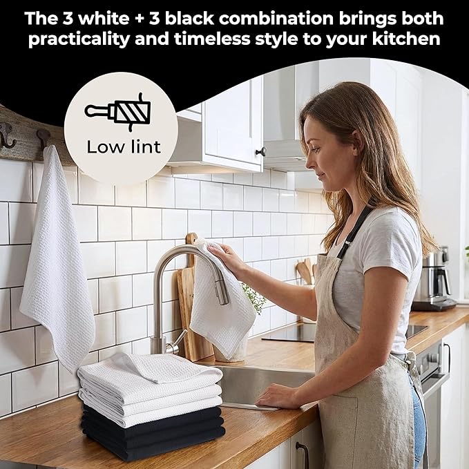Highly Absorbent Cotton Dish Towels for Drying - Set of 3+3 - Black + White - 18"X28" Lint Free Waffle Weave Cloth Linen Hand Bathroom Bulk Dishtowels