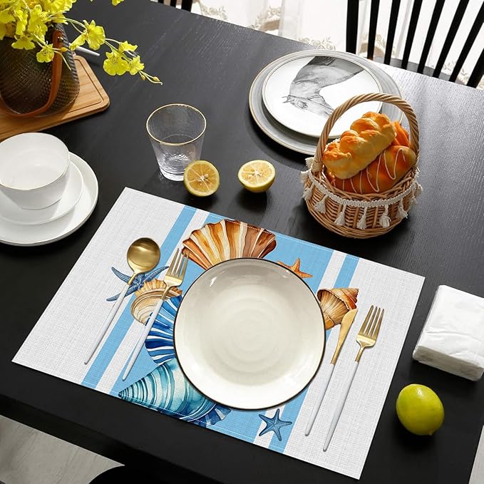 Sea Shell Starfish Placemats Set of 6, Washable Heat Resistant Table Mat Linen Place Mats for Party Kitchen Dining Home Decor 12x18 Inch
